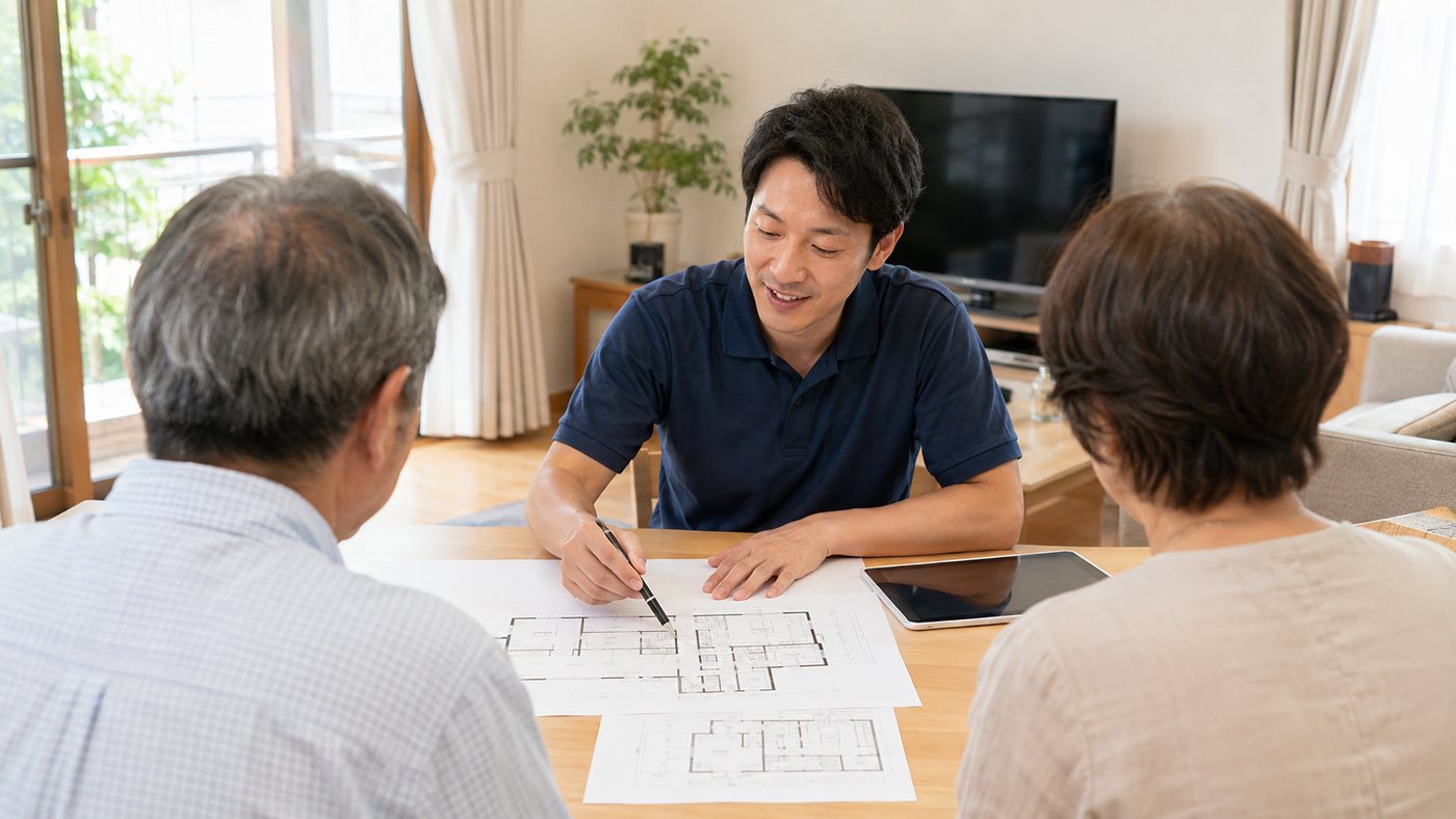 お客様のご自宅で図面を見ながら打ち合わせをする営業担当
