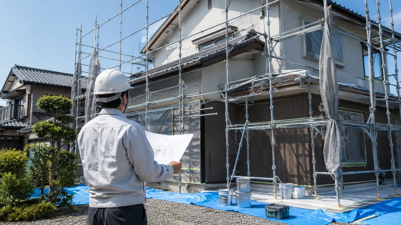 足場の前で図面を確認する現場監理